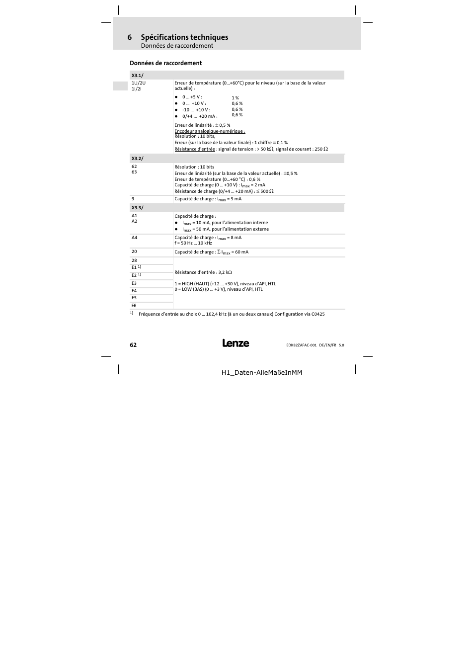 6 spécifications techniques, Données de raccordement, Spécifications techniques | 6spécifications techniques | Lenze E82ZAFAC001 User Manual | Page 62 / 66