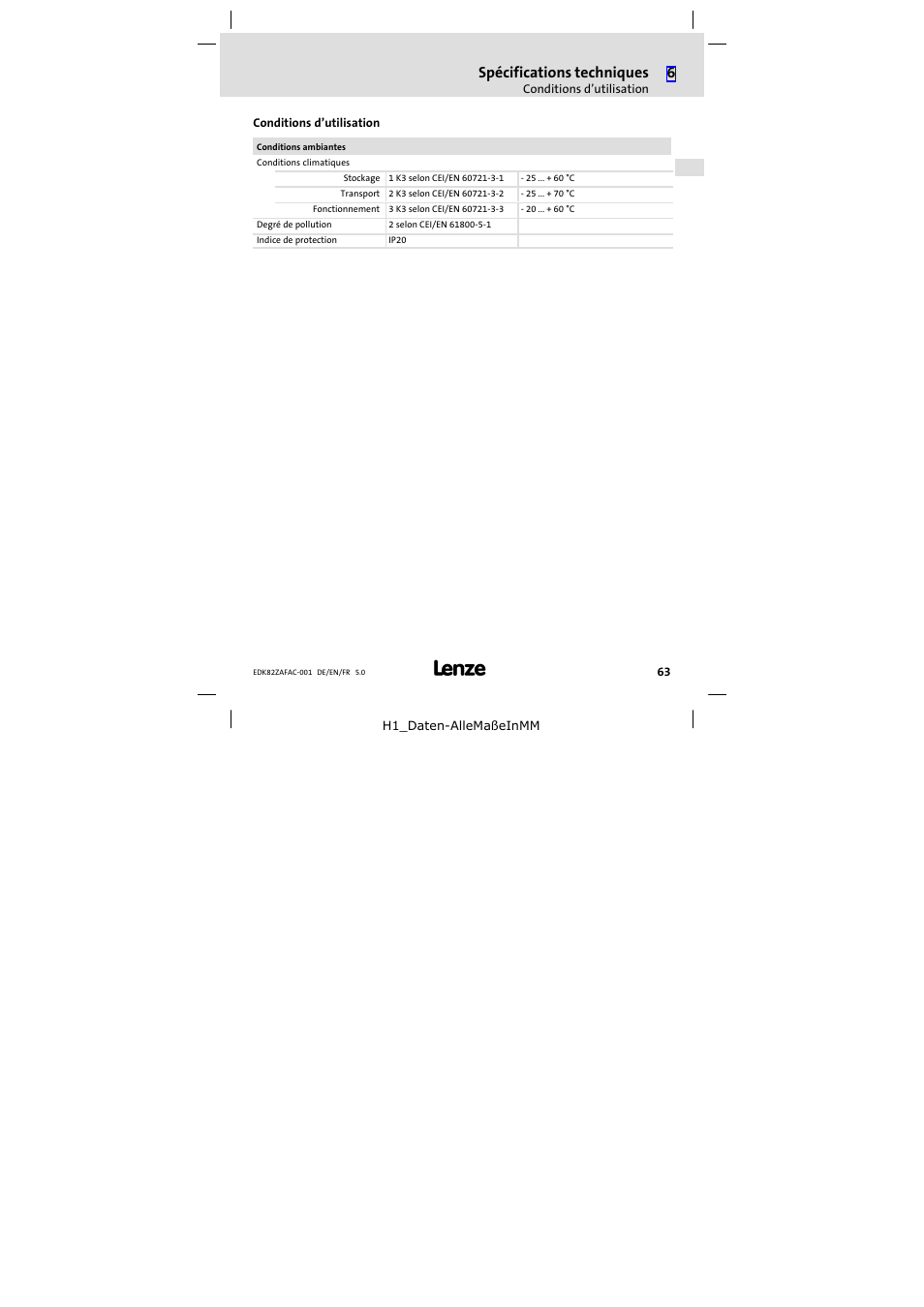 Conditions d'utilisation, Conditions d’utilisation, Spécifications techniques | Lenze E82ZAFAC001 User Manual | Page 63 / 66