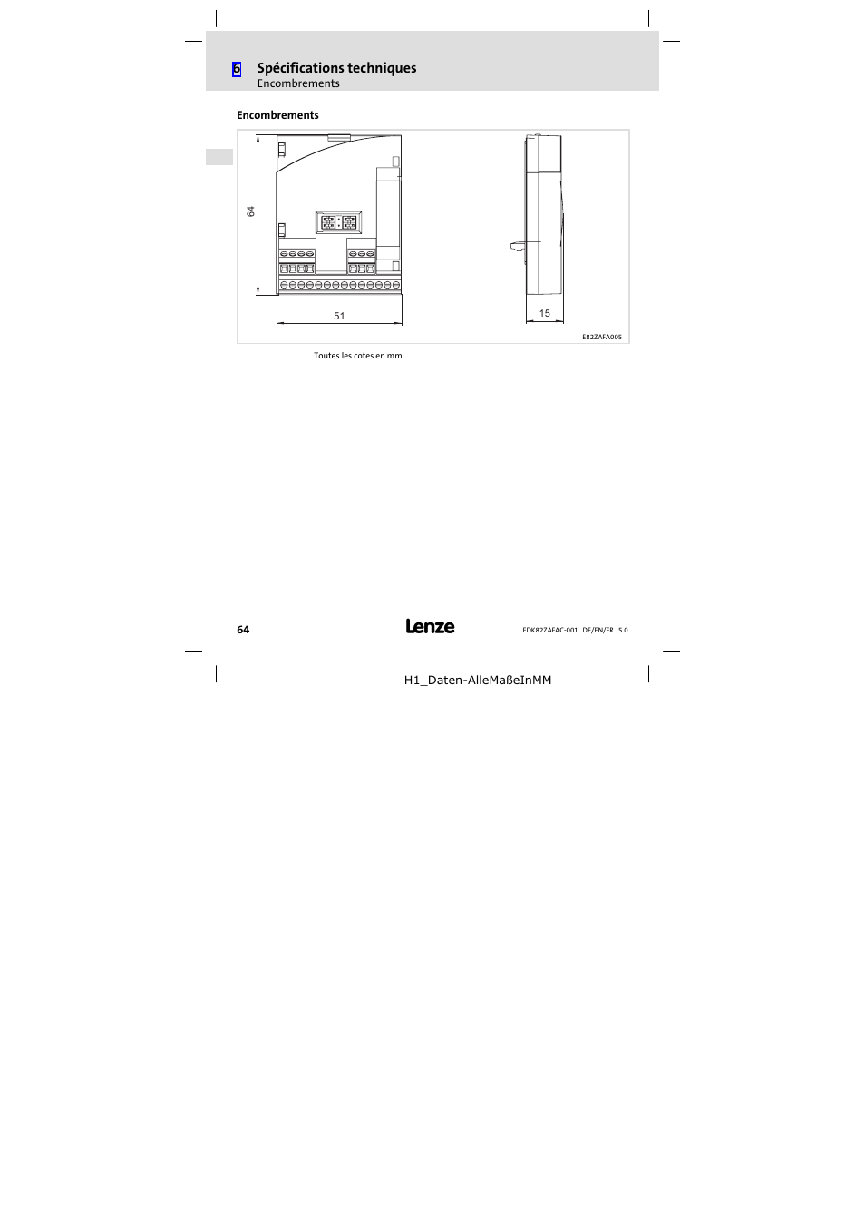 Encombrements, 6spécifications techniques | Lenze E82ZAFAC001 User Manual | Page 64 / 66