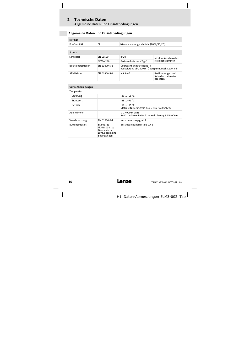 2 technische daten, Allgemeine daten und einsatzbedingungen, Technische daten | 2technische daten | Lenze ELM3−010H010 User Manual | Page 10 / 48