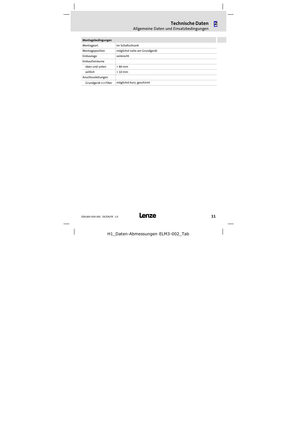 Technische daten | Lenze ELM3−010H010 User Manual | Page 11 / 48