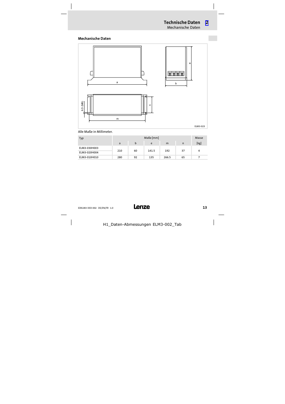 Mechanische daten, Technische daten | Lenze ELM3−010H010 User Manual | Page 13 / 48
