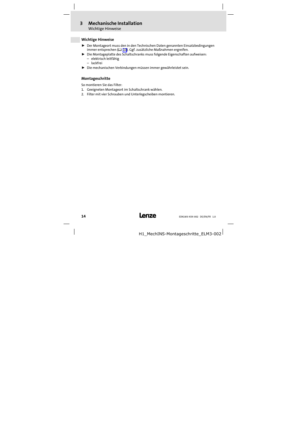 3 mechanische installation, Wichtige hinweise, Montageschritte | Mechanische installation, 3mechanische installation | Lenze ELM3−010H010 User Manual | Page 14 / 48