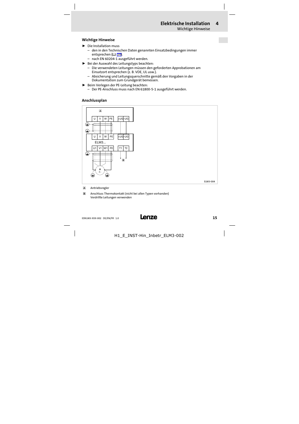 4 elektrische installation, Wichtige hinweise, Anschlussplan | Elektrische installation | Lenze ELM3−010H010 User Manual | Page 15 / 48