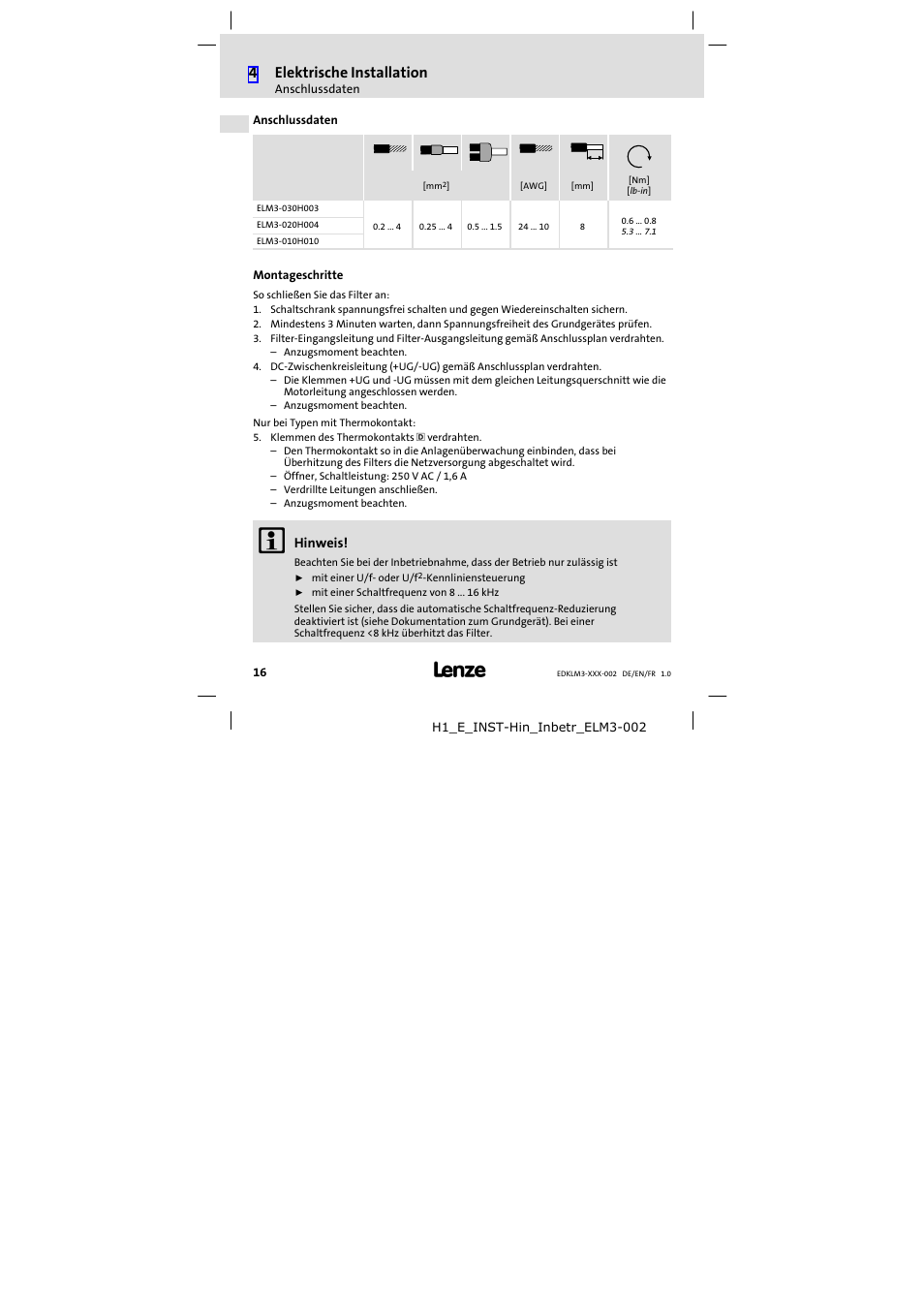 Anschlussdaten, Montageschritte, 4elektrische installation | Lenze ELM3−010H010 User Manual | Page 16 / 48