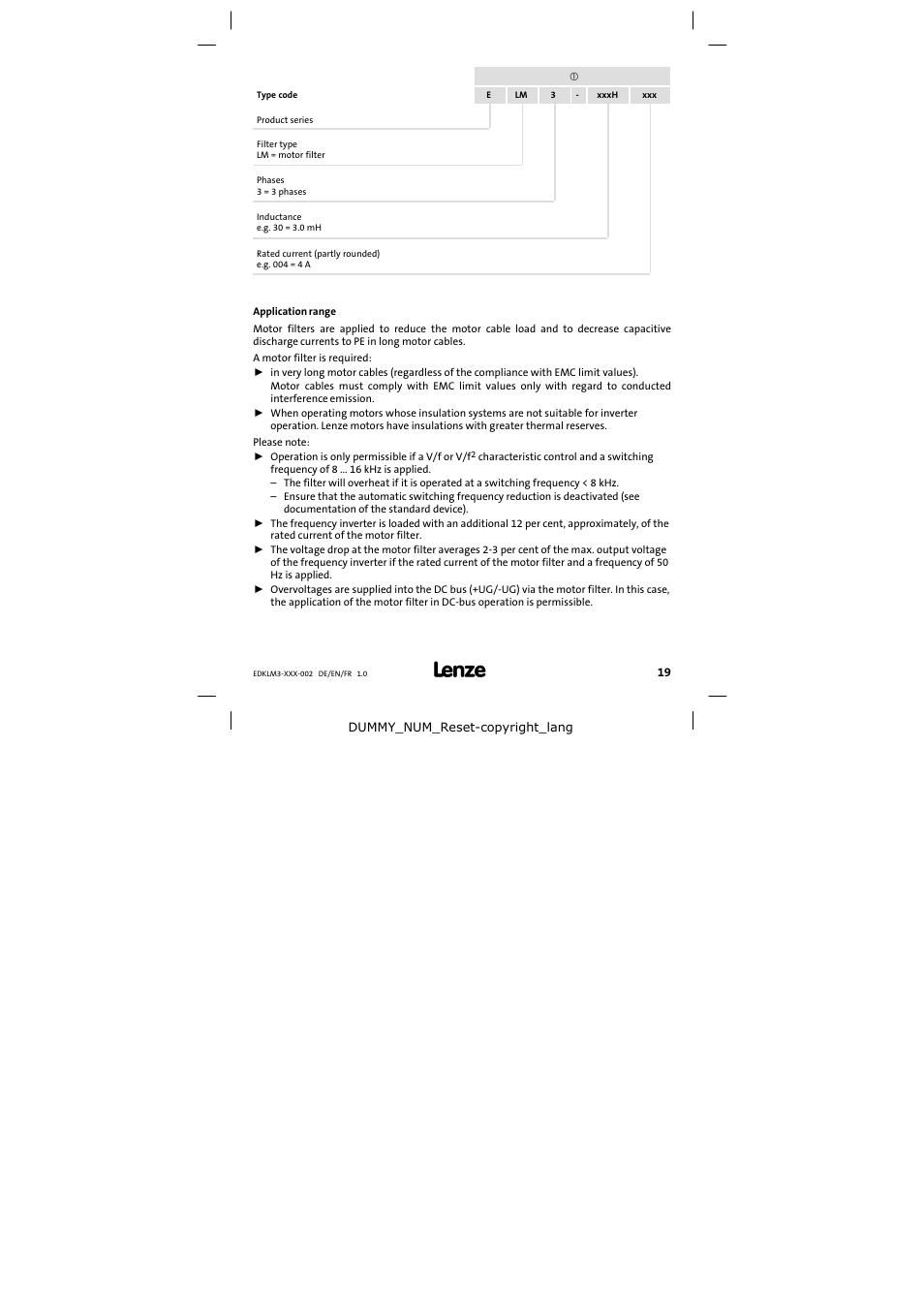 Type code | Lenze ELM3−010H010 User Manual | Page 19 / 48