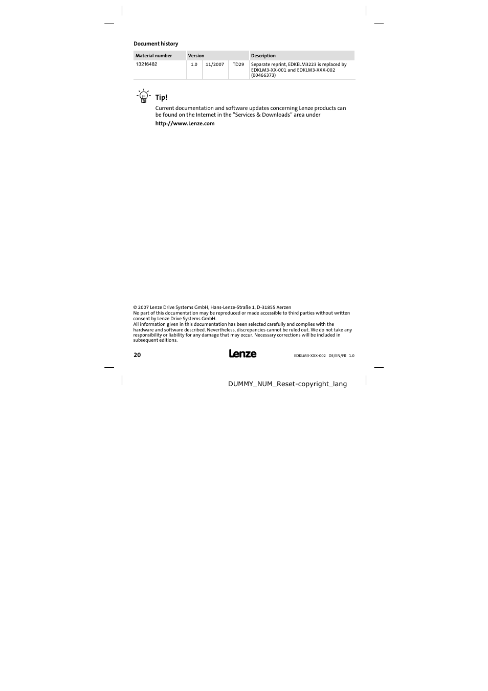Document history | Lenze ELM3−010H010 User Manual | Page 20 / 48