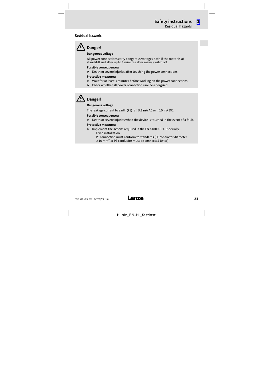 Residual hazards | Lenze ELM3−010H010 User Manual | Page 23 / 48