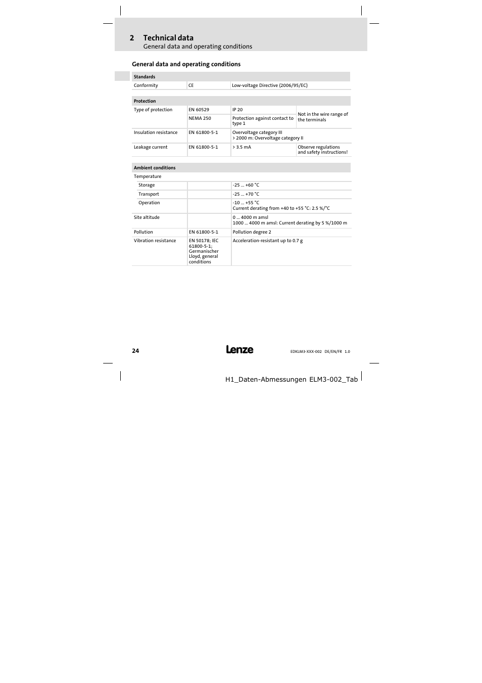 2 technical data, General data and operating conditions, Technical data | 2technical data | Lenze ELM3−010H010 User Manual | Page 24 / 48