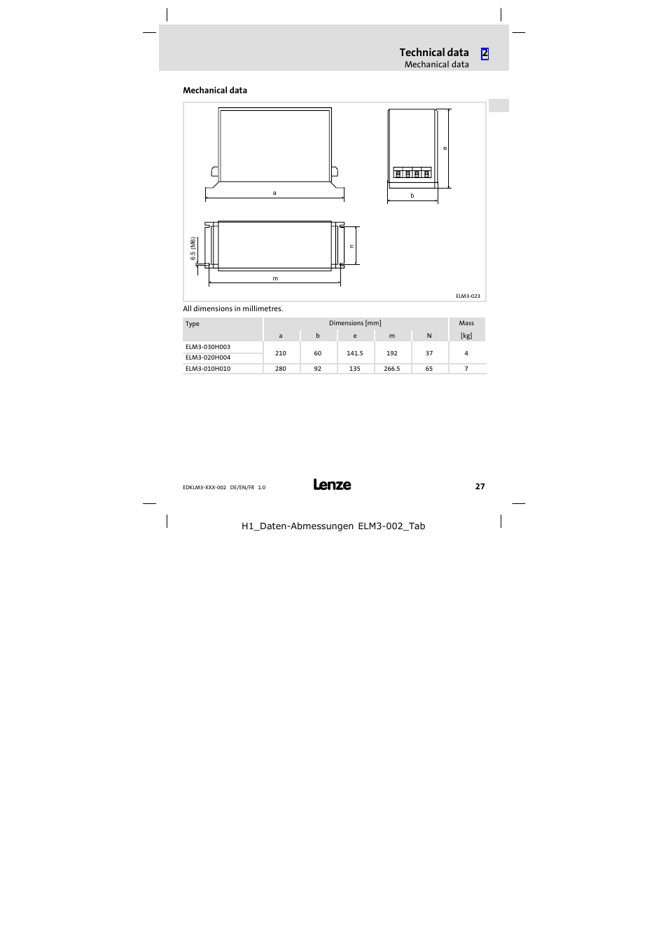 Mechanical data, Technical data | Lenze ELM3−010H010 User Manual | Page 27 / 48