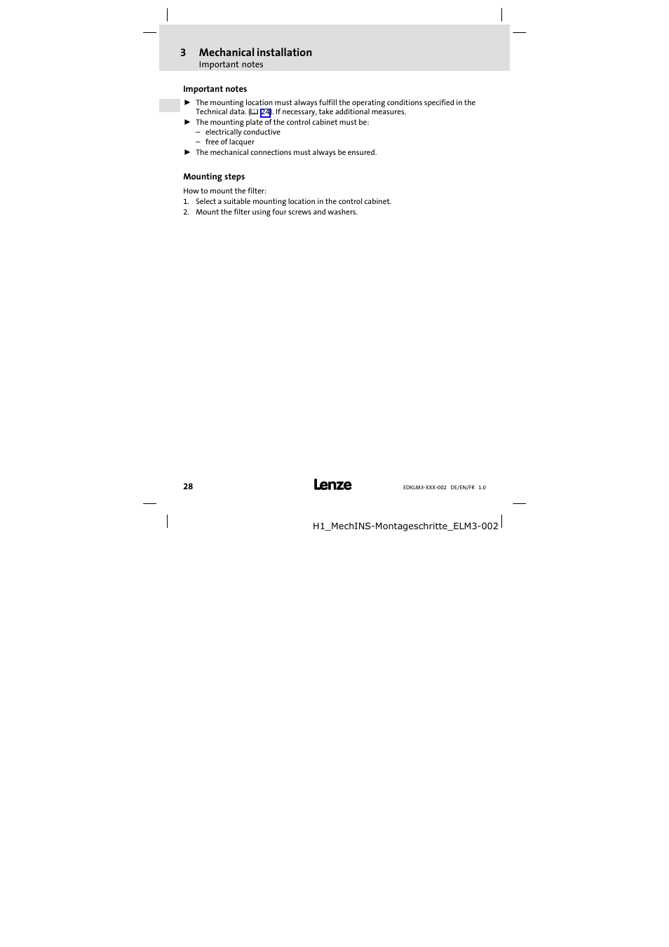 3 mechanical installation, Important notes, Mounting steps | Mechanical installation, 3mechanical installation | Lenze ELM3−010H010 User Manual | Page 28 / 48
