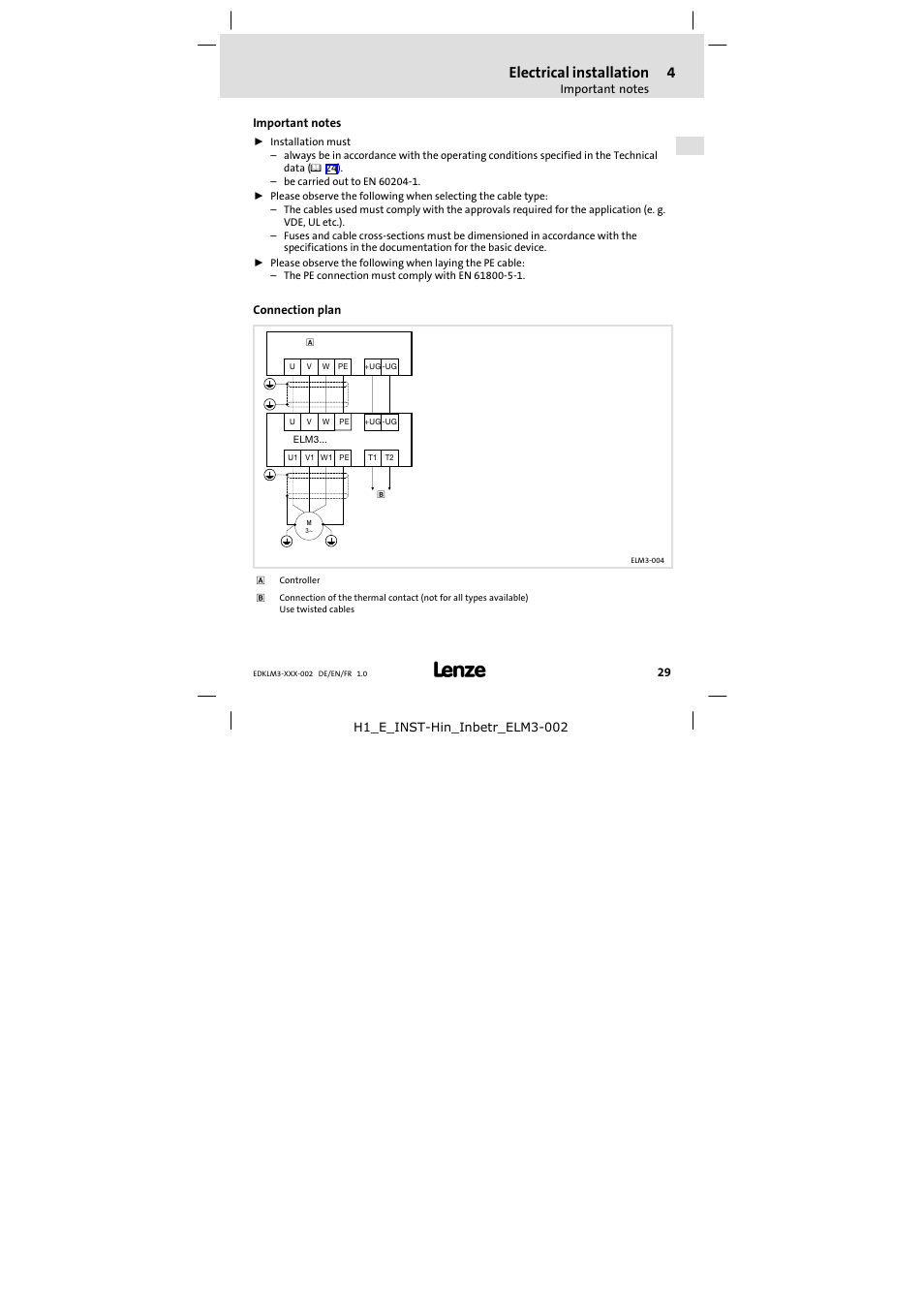 4 electrical installation, Important notes, Connection plan | Electrical installation | Lenze ELM3−010H010 User Manual | Page 29 / 48