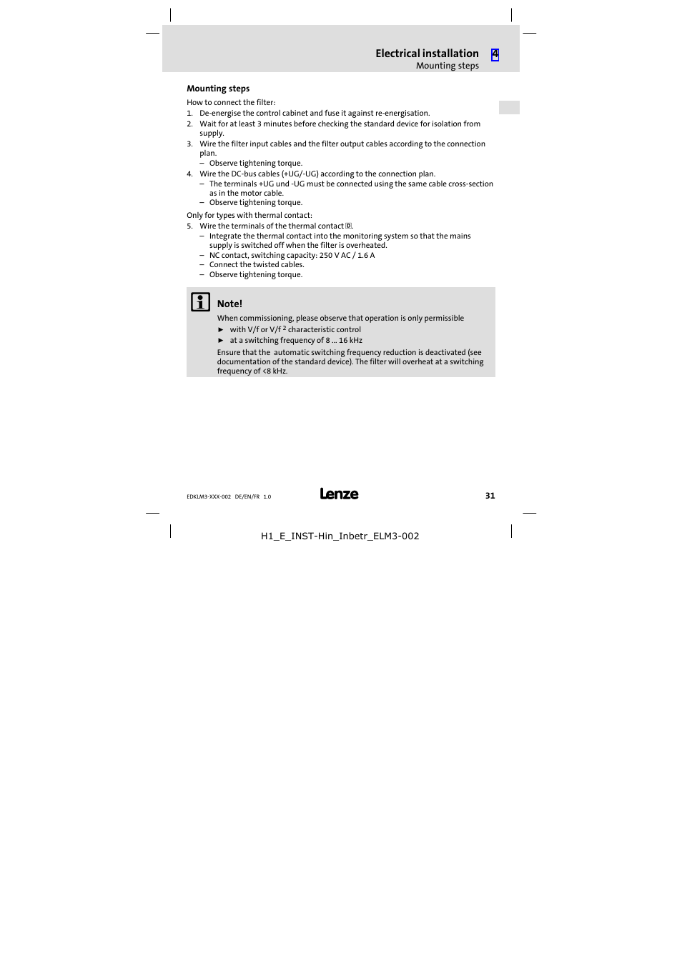 Mounting steps, Electrical installation | Lenze ELM3−010H010 User Manual | Page 31 / 48