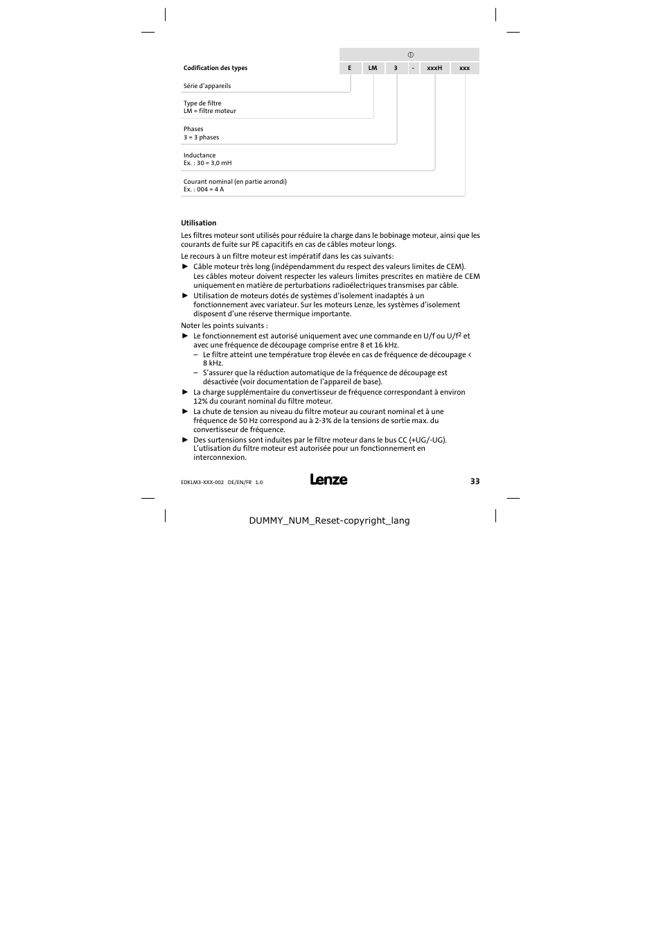 Codification des types | Lenze ELM3−010H010 User Manual | Page 33 / 48