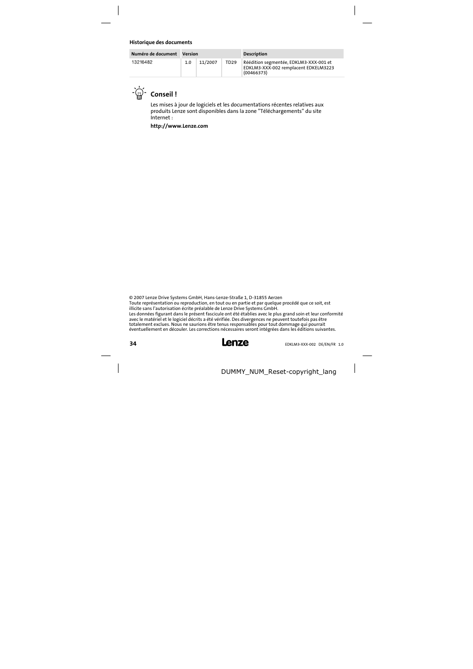 Historique des documents | Lenze ELM3−010H010 User Manual | Page 34 / 48