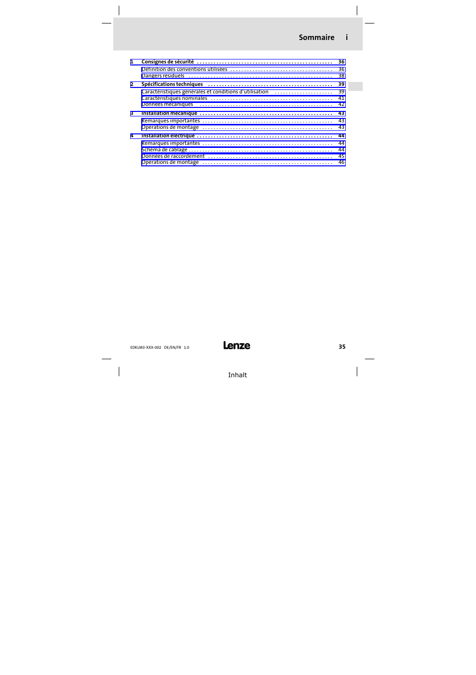 Sommaire, Sommaire i | Lenze ELM3−010H010 User Manual | Page 35 / 48