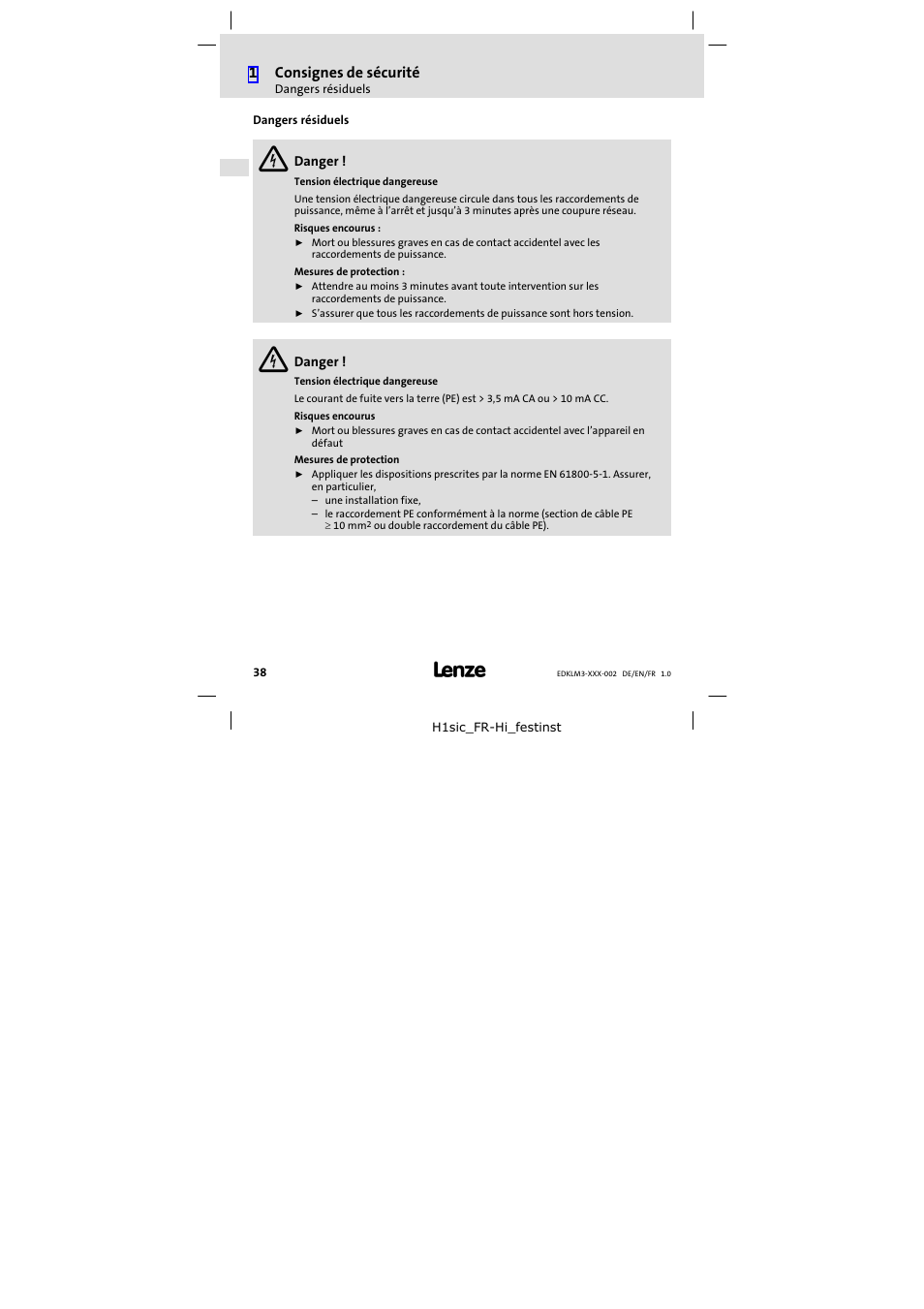 Dangers résiduels | Lenze ELM3−010H010 User Manual | Page 38 / 48