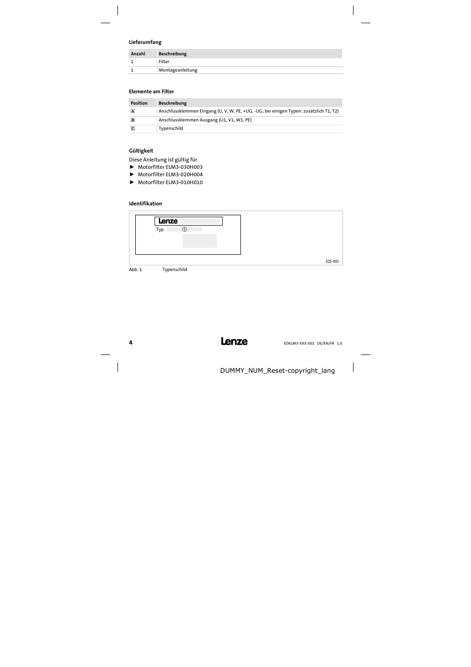 Lieferumfang | Lenze ELM3−010H010 User Manual | Page 4 / 48
