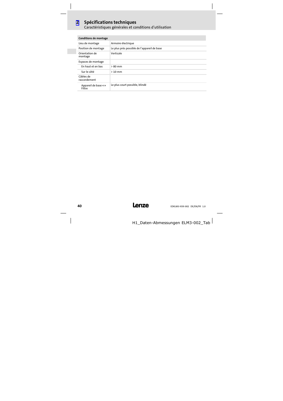 2spécifications techniques | Lenze ELM3−010H010 User Manual | Page 40 / 48