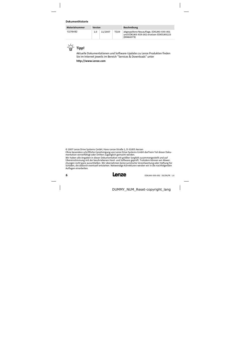 Dokumenthistorie | Lenze ELM3−010H010 User Manual | Page 6 / 48