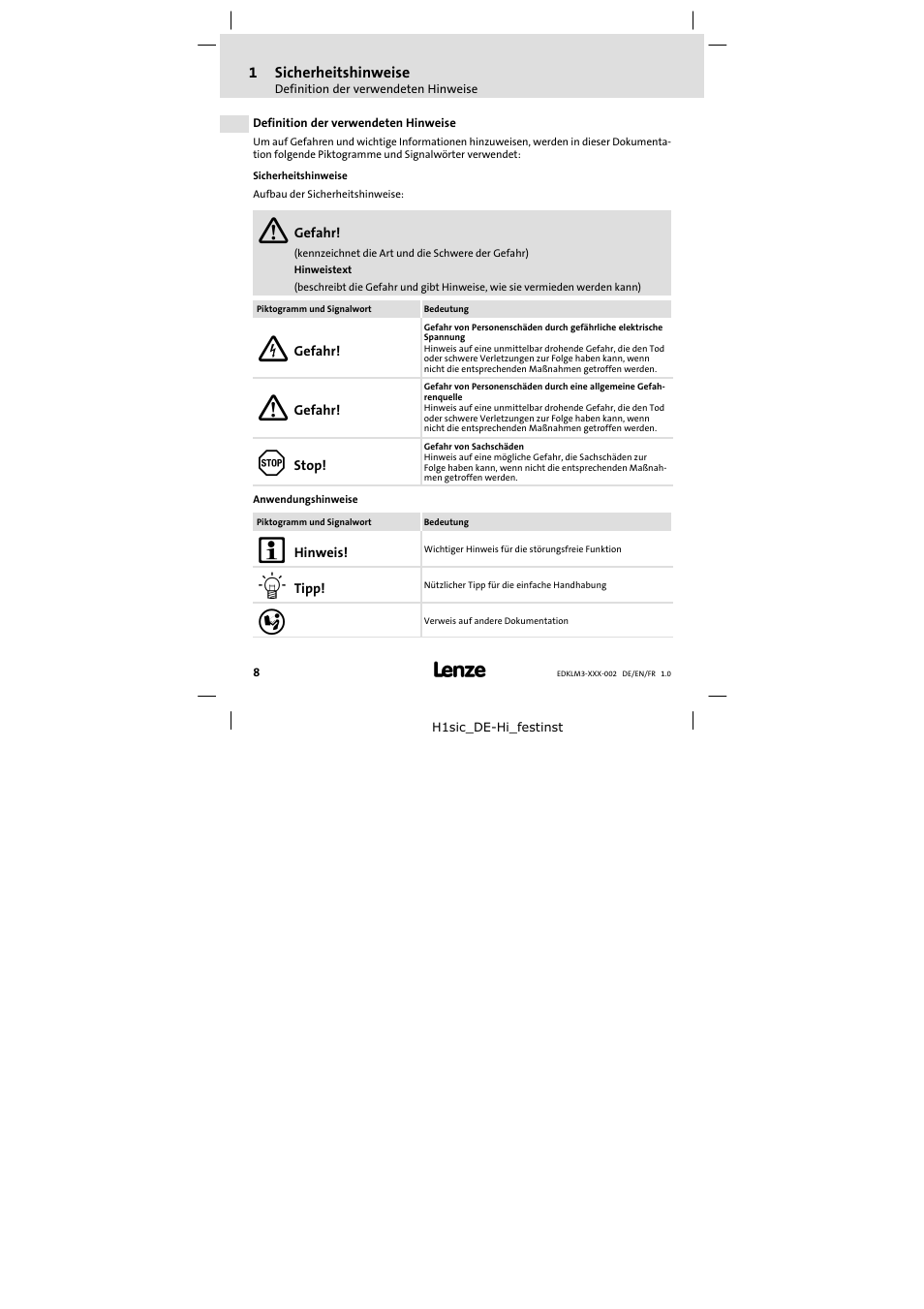 1 sicherheitshinweise, Definition der verwendeten hinweise, Sicherheitshinweise | Lenze ELM3−010H010 User Manual | Page 8 / 48