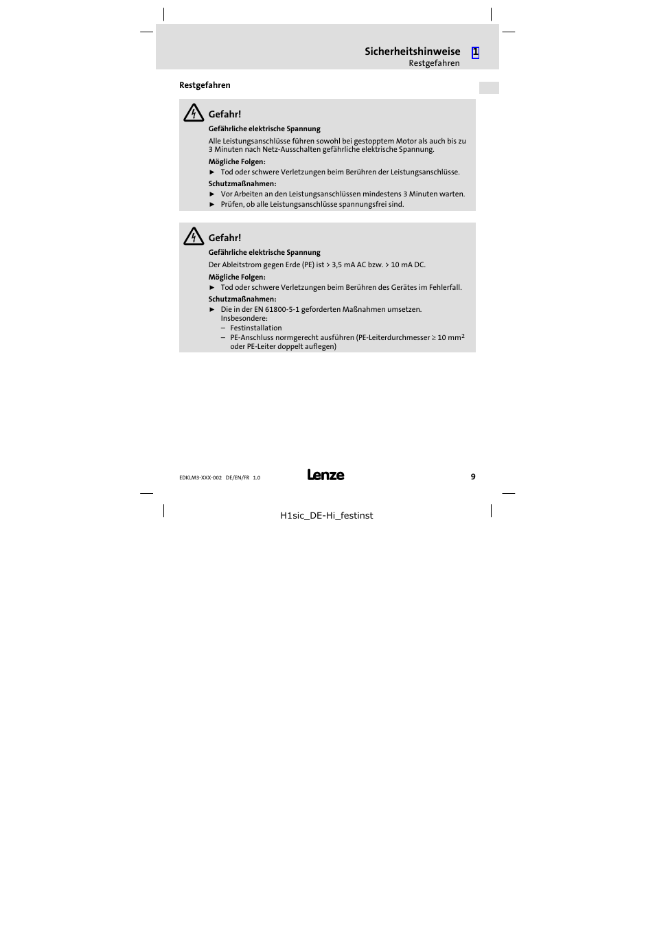 Restgefahren | Lenze ELM3−010H010 User Manual | Page 9 / 48