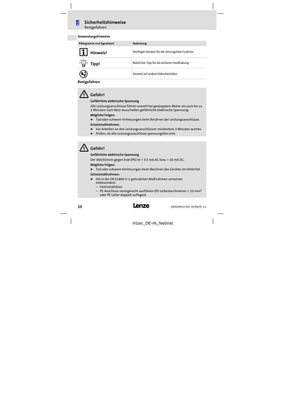Restgefahren | Lenze E82ZM113-001 User Manual | Page 10 / 58