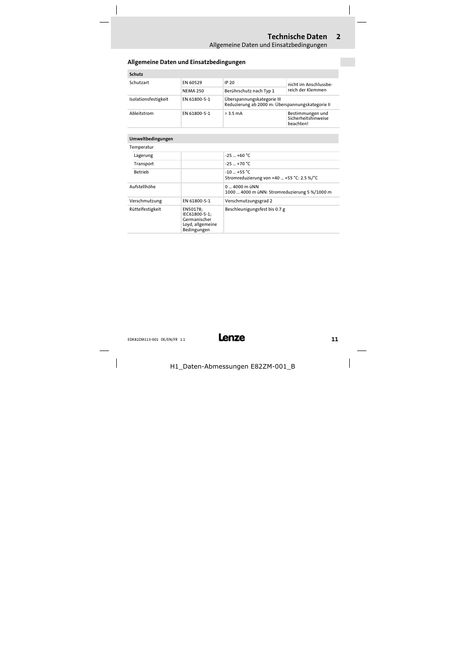 2 technische daten, Allgemeine daten und einsatzbedingungen, Technische daten | Lenze E82ZM113-001 User Manual | Page 11 / 58