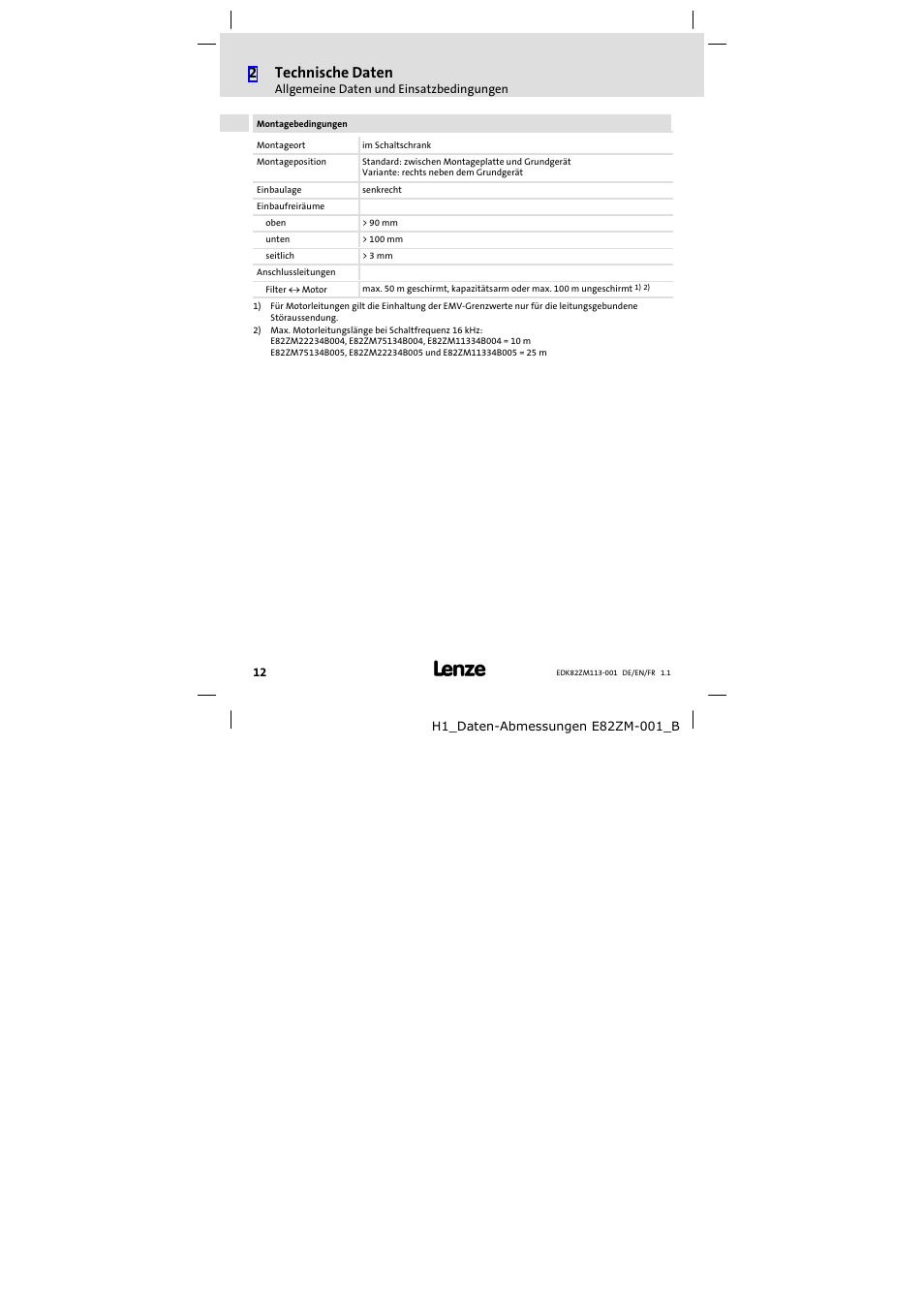 2technische daten | Lenze E82ZM113-001 User Manual | Page 12 / 58