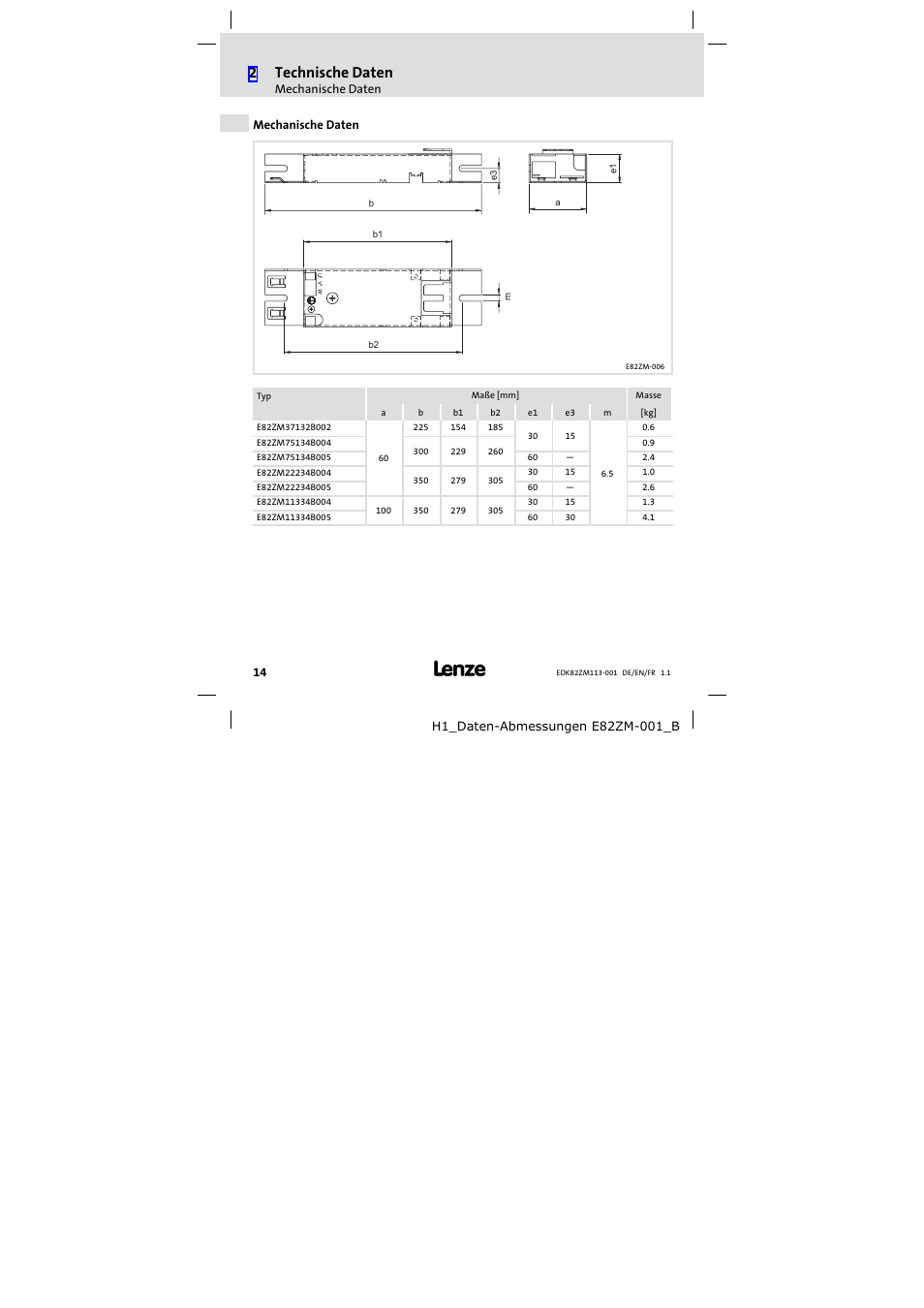 Mechanische daten, 2technische daten | Lenze E82ZM113-001 User Manual | Page 14 / 58