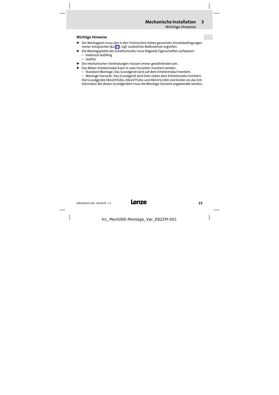 3 mechanische installation, Wichtige hinweise, Mechanische installation | Lenze E82ZM113-001 User Manual | Page 15 / 58