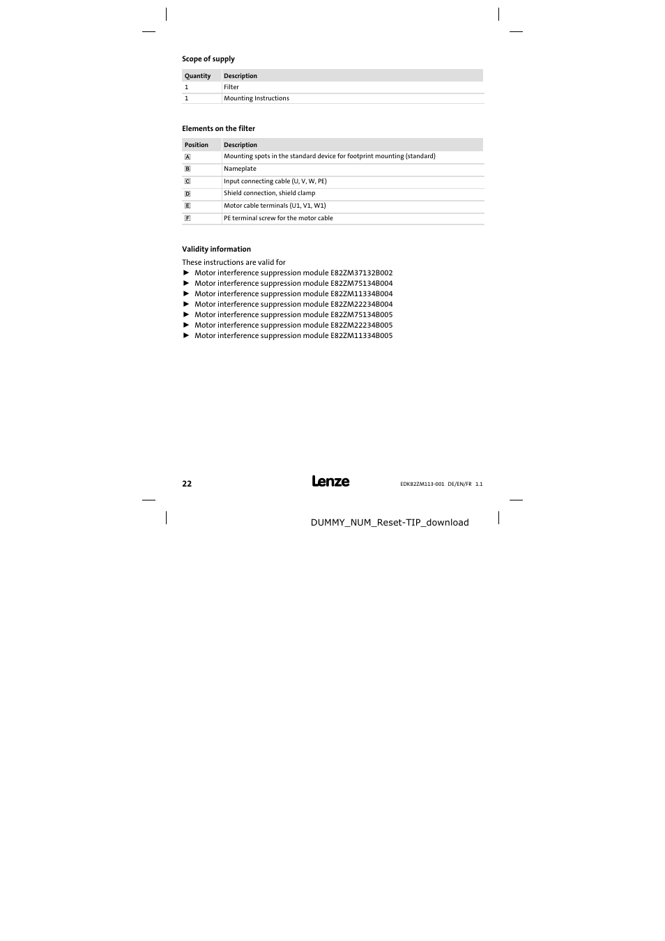 Scope of supply | Lenze E82ZM113-001 User Manual | Page 22 / 58