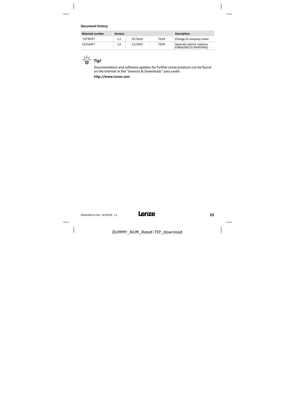 Document history | Lenze E82ZM113-001 User Manual | Page 25 / 58