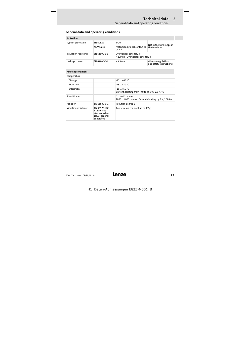 2 technical data, General data and operating conditions, Technical data | Lenze E82ZM113-001 User Manual | Page 29 / 58