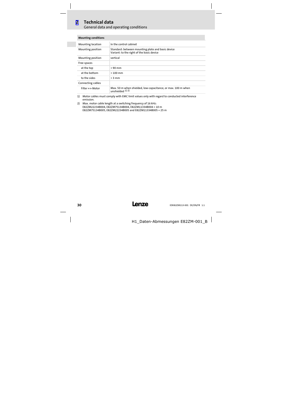 2technical data | Lenze E82ZM113-001 User Manual | Page 30 / 58