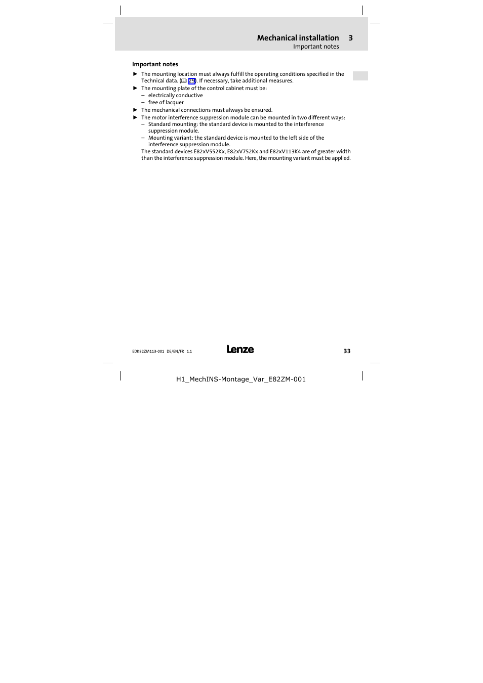 3 mechanical installation, Important notes, Mechanical installation | Lenze E82ZM113-001 User Manual | Page 33 / 58