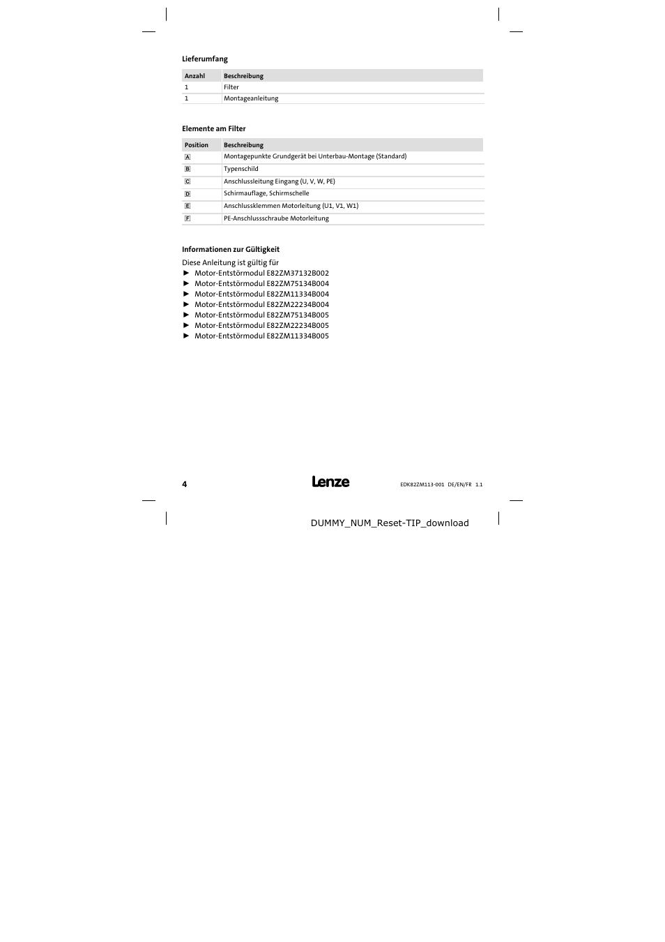 Lieferumfang | Lenze E82ZM113-001 User Manual | Page 4 / 58