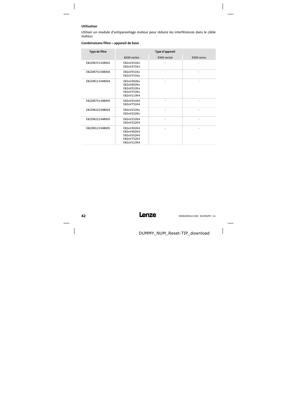 Utilisation | Lenze E82ZM113-001 User Manual | Page 42 / 58