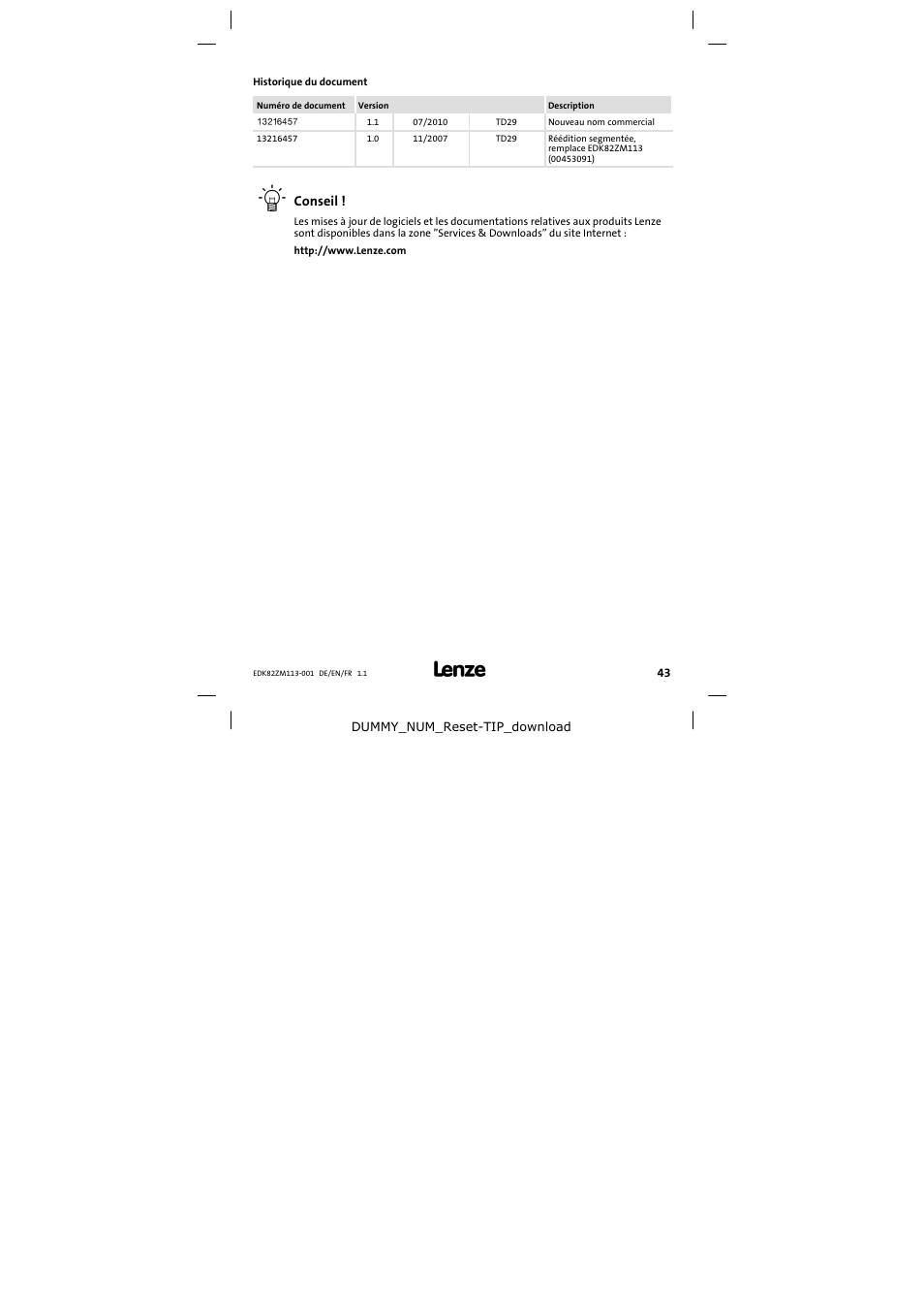 Historique du document | Lenze E82ZM113-001 User Manual | Page 43 / 58