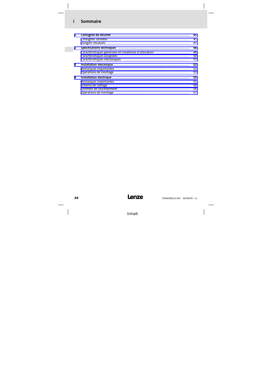 Sommaire, Isommaire | Lenze E82ZM113-001 User Manual | Page 44 / 58