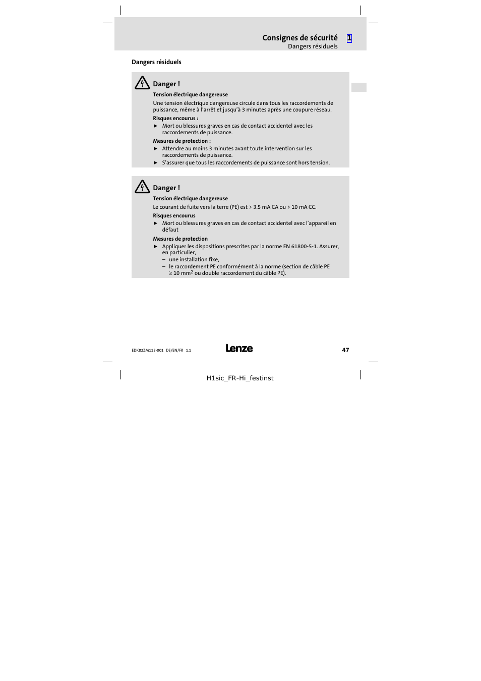 Dangers résiduels | Lenze E82ZM113-001 User Manual | Page 47 / 58