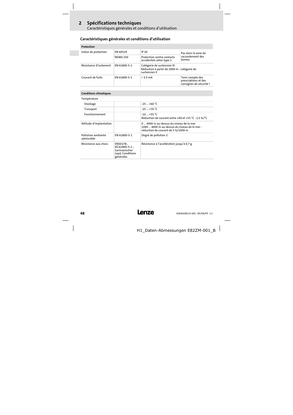 2 spécifications techniques, Spécifications techniques, 2spécifications techniques | Lenze E82ZM113-001 User Manual | Page 48 / 58