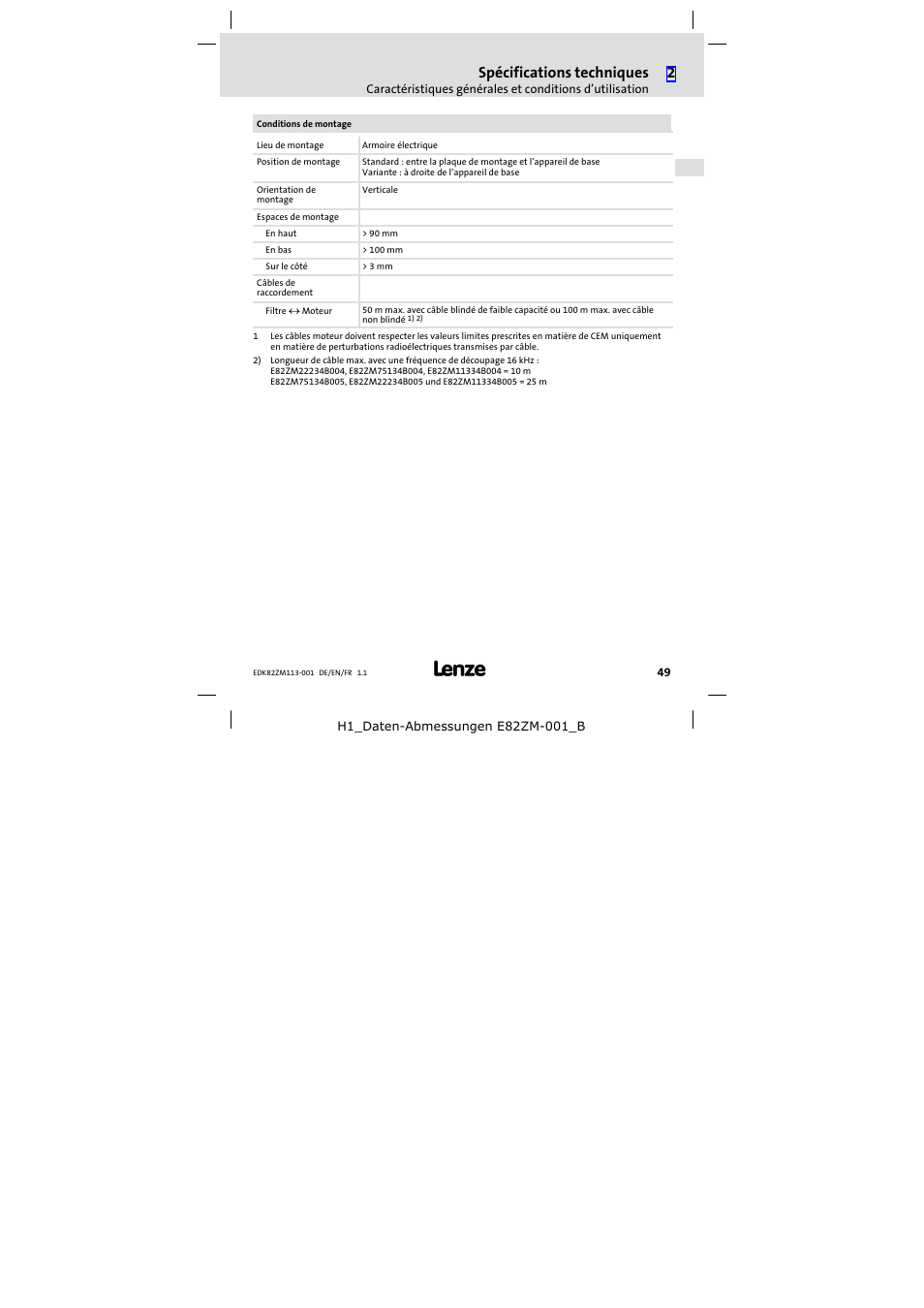 Spécifications techniques | Lenze E82ZM113-001 User Manual | Page 49 / 58