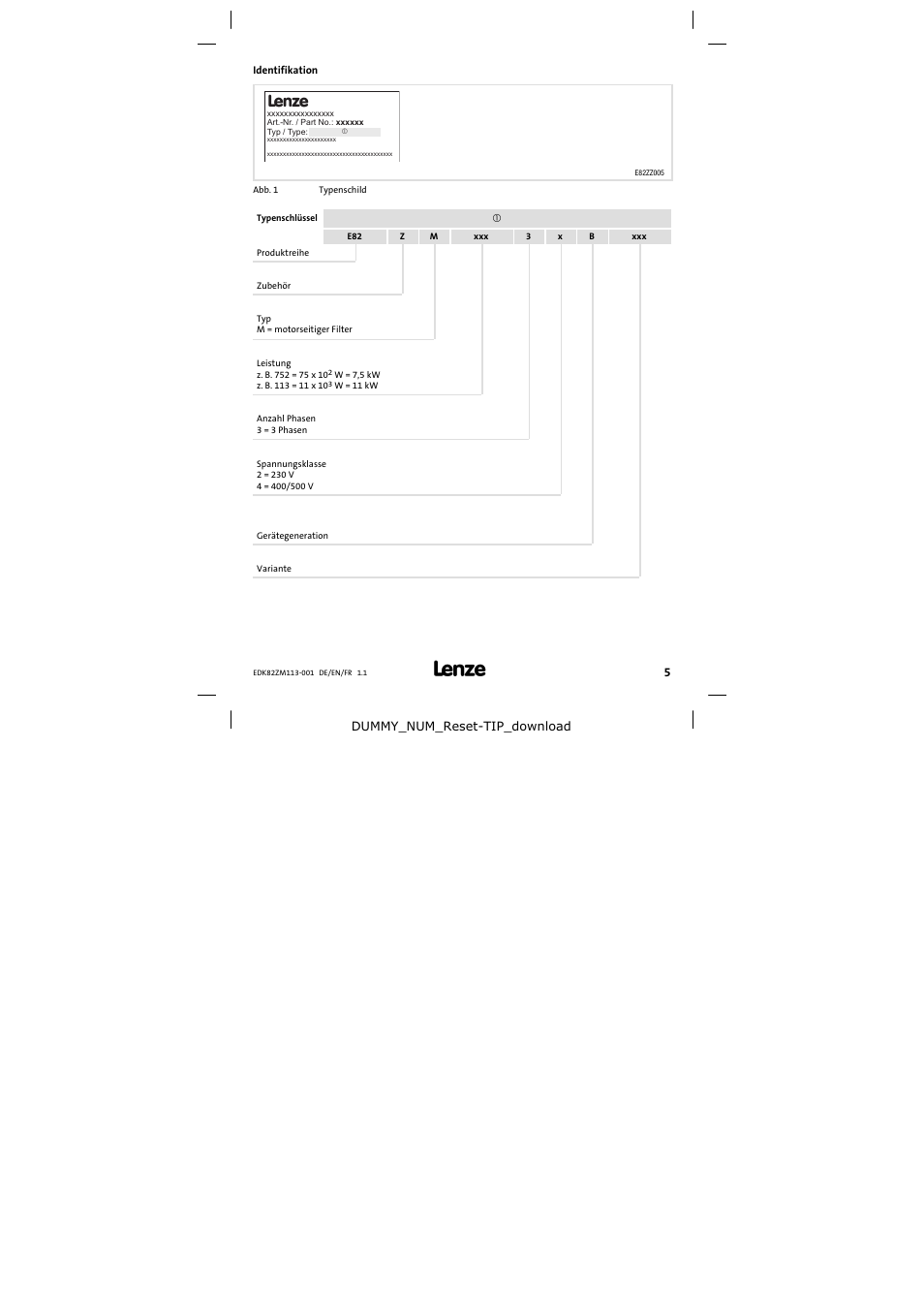 Identifikation | Lenze E82ZM113-001 User Manual | Page 5 / 58