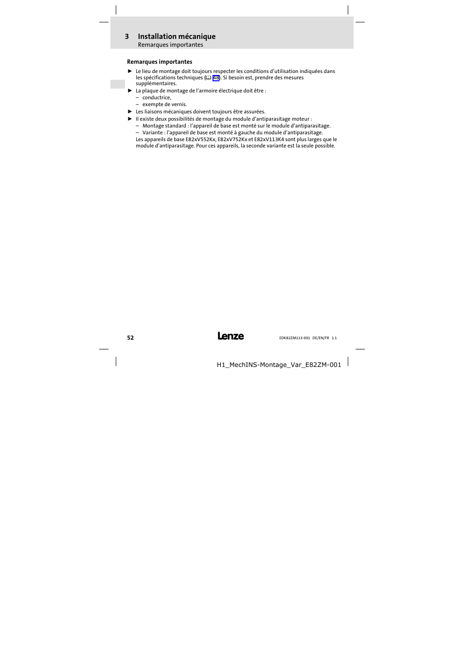 3 installation mécanique, Remarques importantes, Installation mécanique | 3installation mécanique | Lenze E82ZM113-001 User Manual | Page 52 / 58