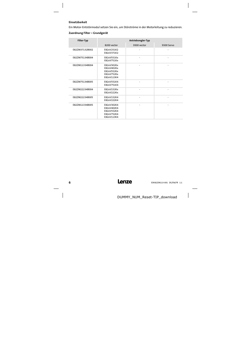 Einsetzbarkeit | Lenze E82ZM113-001 User Manual | Page 6 / 58