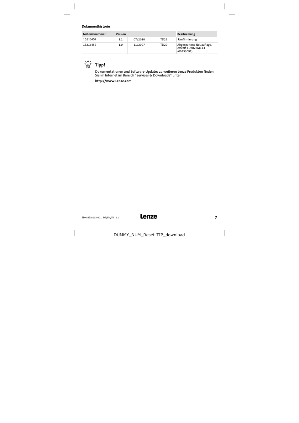 Dokumenthistorie | Lenze E82ZM113-001 User Manual | Page 7 / 58