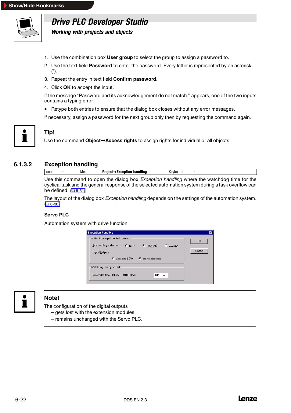 Drive plc developer studio, Working with projects and objects, 2 exception handling | Lenze DDS v2.3 User Manual | Page 100 / 340