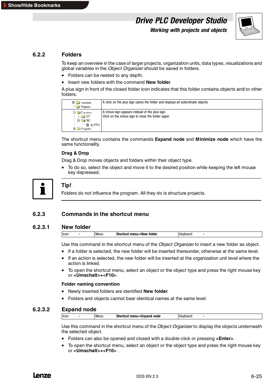 2 folders, 3 commands in the shortcut menu, Folders | Commands in the shortcut menu, Drive plc developer studio | Lenze DDS v2.3 User Manual | Page 103 / 340