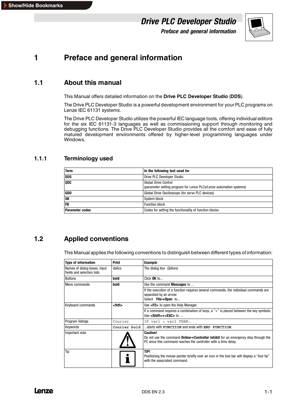 1 preface and general information, 1 about this manual, 1 terminology used | 2 applied conventions, Terminology used, Drive plc developer studio, 1preface and general information, Preface and general information | Lenze DDS v2.3 User Manual | Page 11 / 340